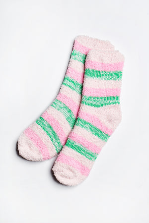 Frankie Fuzzy Striped Socks in Pink-Rose-Green - ALAMAE