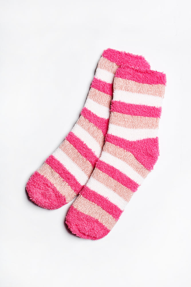 Frankie Fuzzy Striped Socks in Rose-Pink-White - ALAMAE